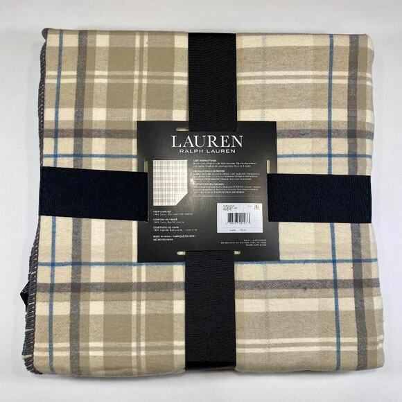 NWT Ralph Lauren Throw Blanket Cotton plaid Beige Tan Blue 54x72 in - Picture 2 of 3